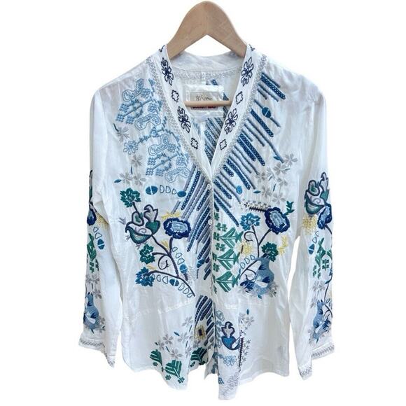 Johnny Was NWOT Silk Embroidered Long Slv Button Down Shirt Blouse V Neck Sz S - Picture 1 of 7